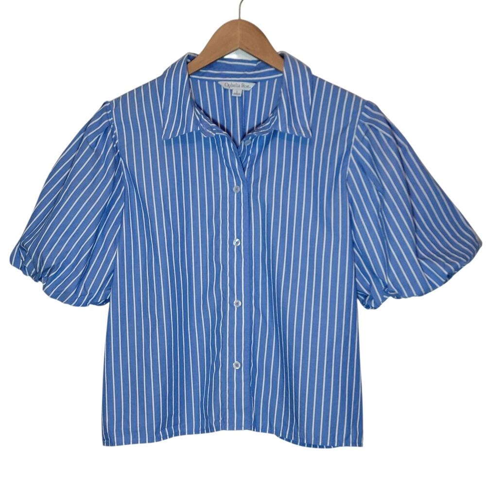 Ophelia Roe Striped Blue White Balloon Sleeve Button Front Cotton Shirt Blouse L - Picture 8 of 8